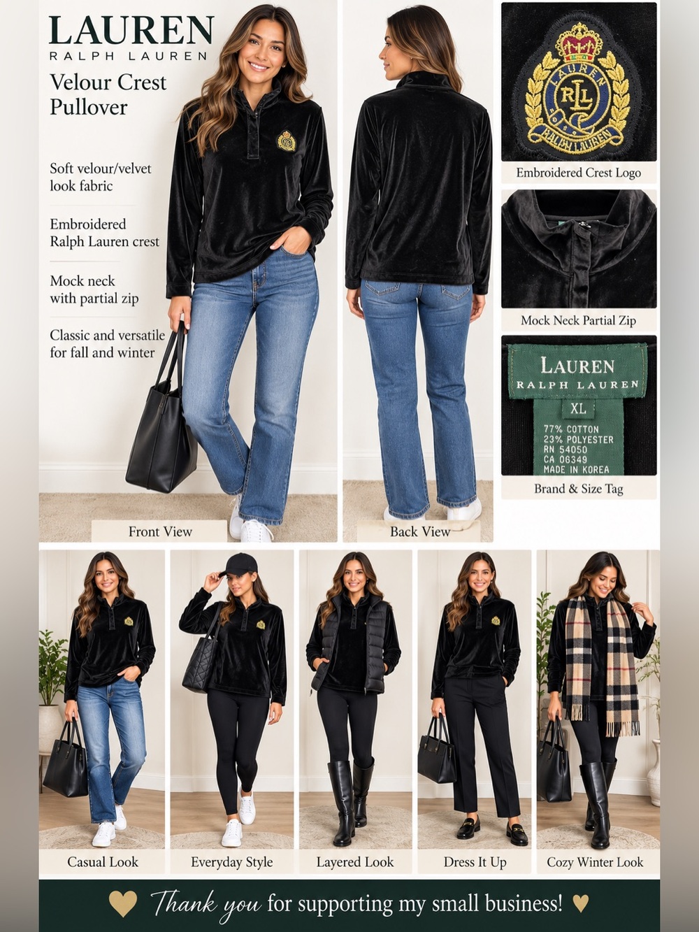 Lauren Ralph Lauren Jackson Hole Black Velour Crest Pullover XL NWT